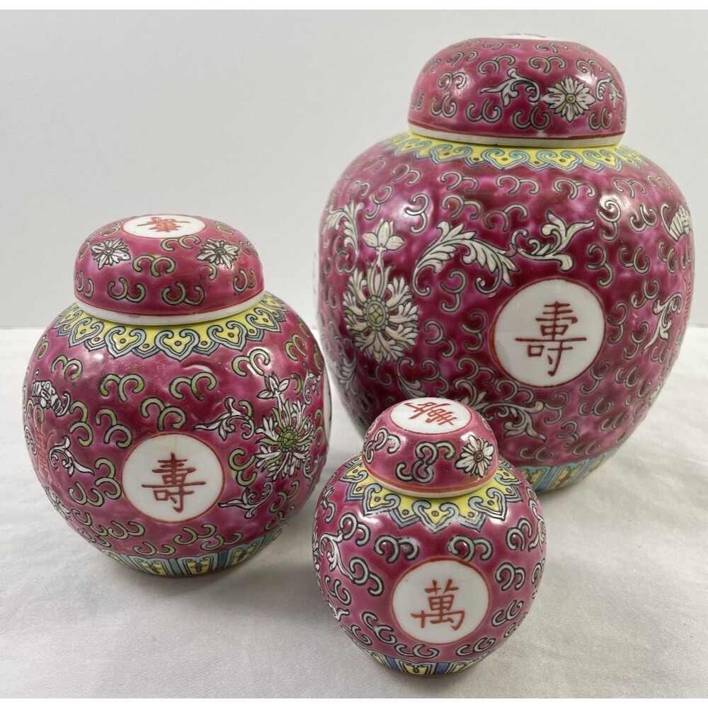 Chinese Wan Mun Shou Longevity Ginger Jar Set of 3 Pink 6, 4, 2.5" Vintage